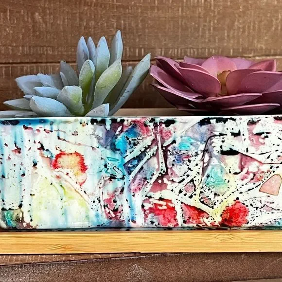Hand-Painted Ceramic Succulent Planter with Bamboo Tray - Picture 6 of 6